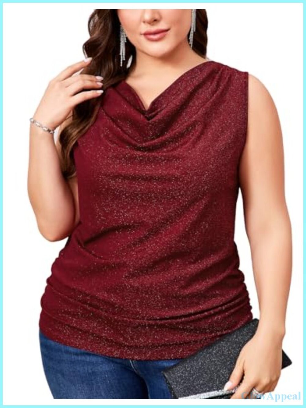 Plus Size Sparkly Glitter Ruched Cowl Neck Tank Top Sequin Party Tops